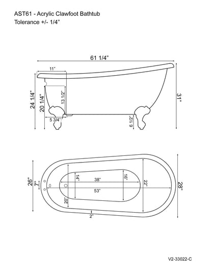 Cambridge 61 Inch Acrylic Slipper Clawfoot Tub With Deck Mounted Faucet Holes