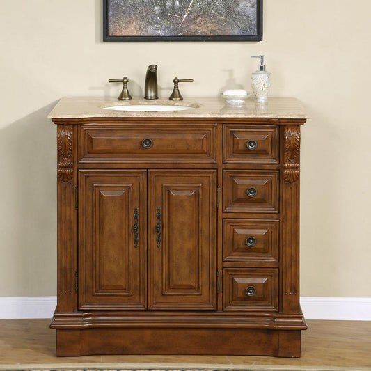 Silkroad Exclusive 38" Travertine Top Single Sink Bathroom Vanity