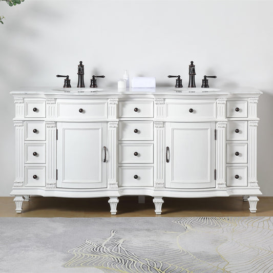 Silkroad Exclusive 72" Carrara White Marble Top Double Sink Bathroom Vanity