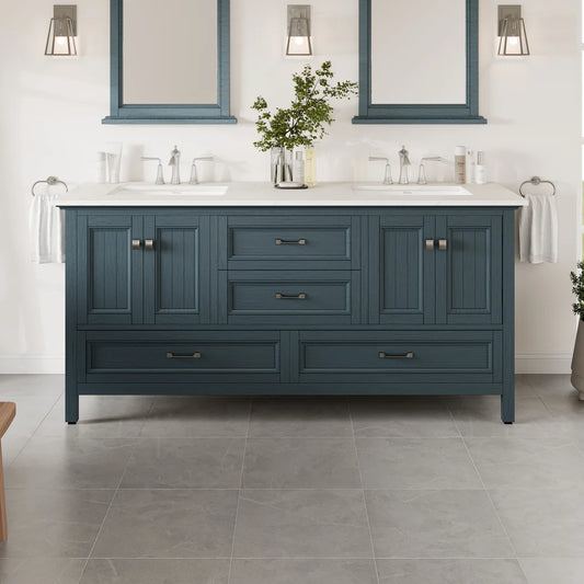 Eviva Britney 72 Inch Double Sink Transitional Ash Blue Bathroom Vanity with Carrara Quartz Countertop