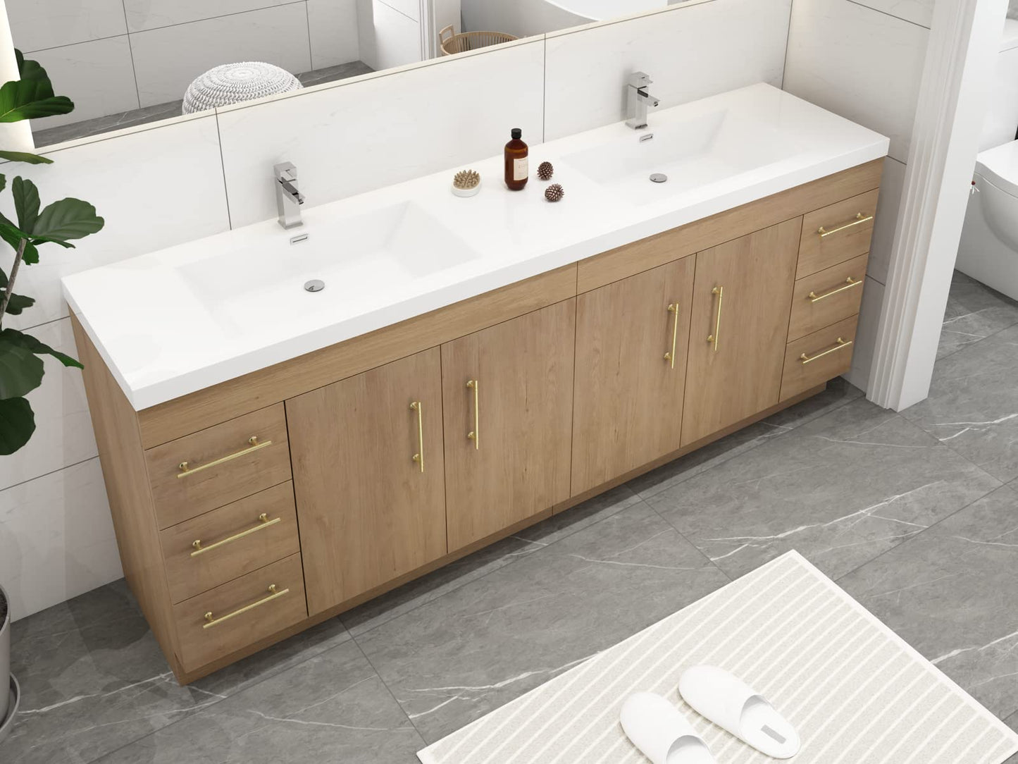 Better Vanity 84" Elsa Natural Oak Freestanding Bathroom Vanity With Reinforced Double Acrylic Sink